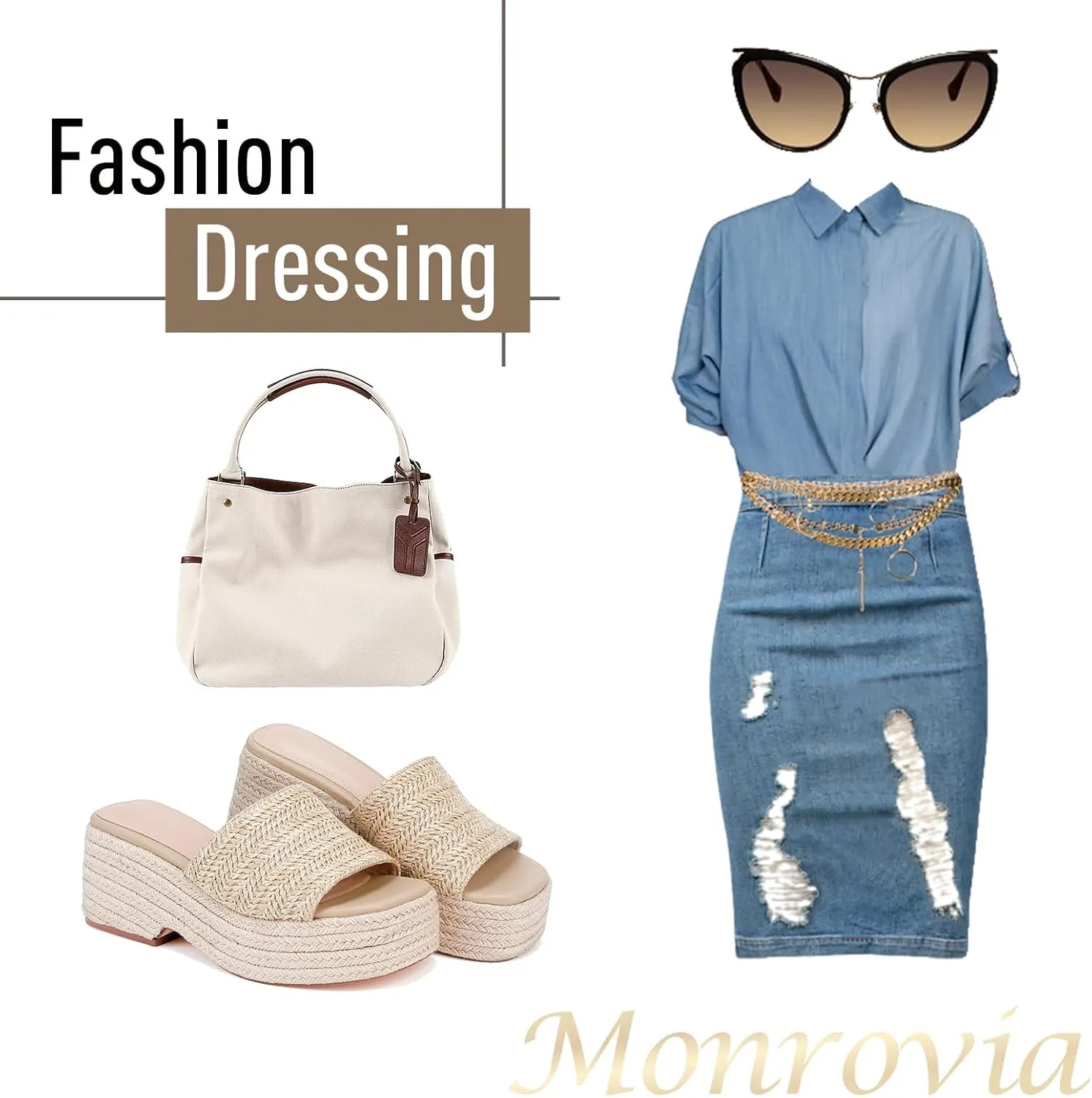 Monrovia Platform Sandals for Women, Wedge Espadrille Slides with Raffia Straw, Comfortable Brown Summer Sandals for Beach, Walking, Camping, Vacation