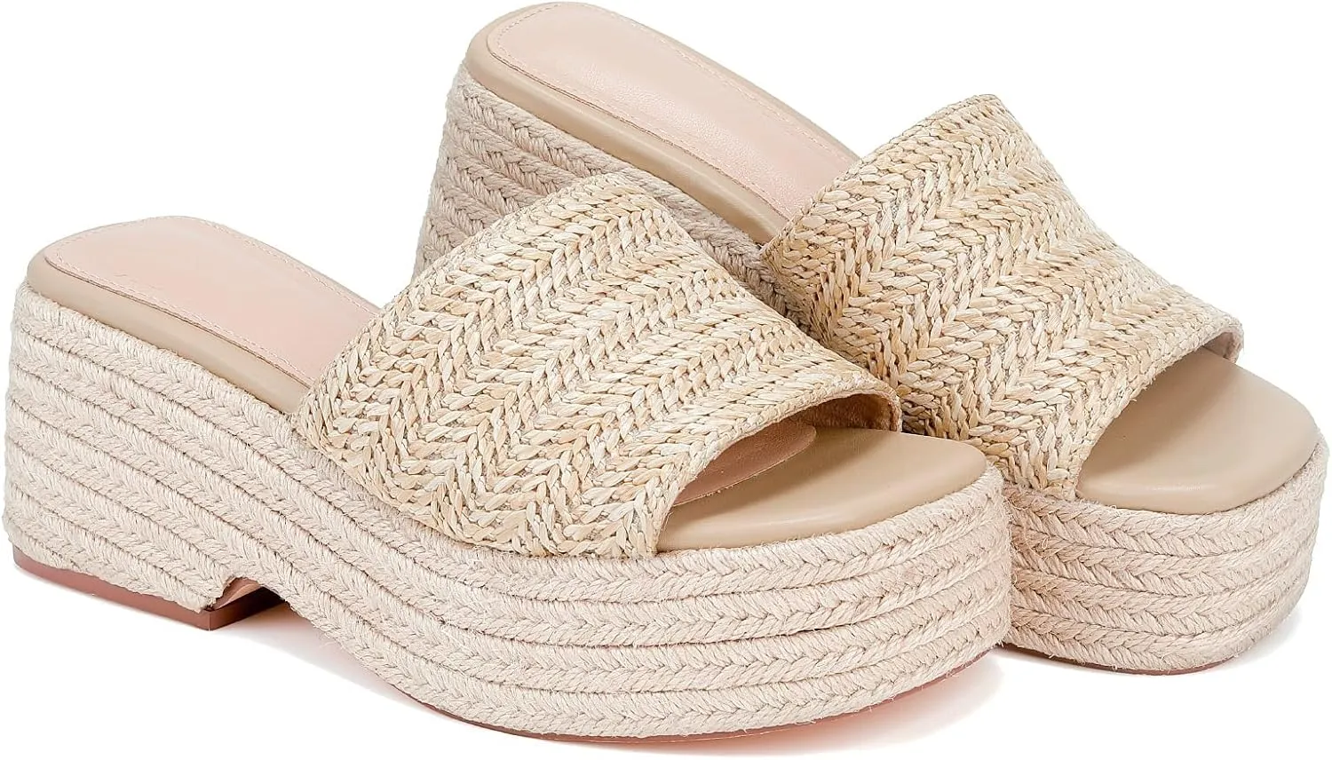 Monrovia Platform Sandals for Women, Wedge Espadrille Slides with Raffia Straw, Comfortable Brown Summer Sandals for Beach, Walking, Camping, Vacation
