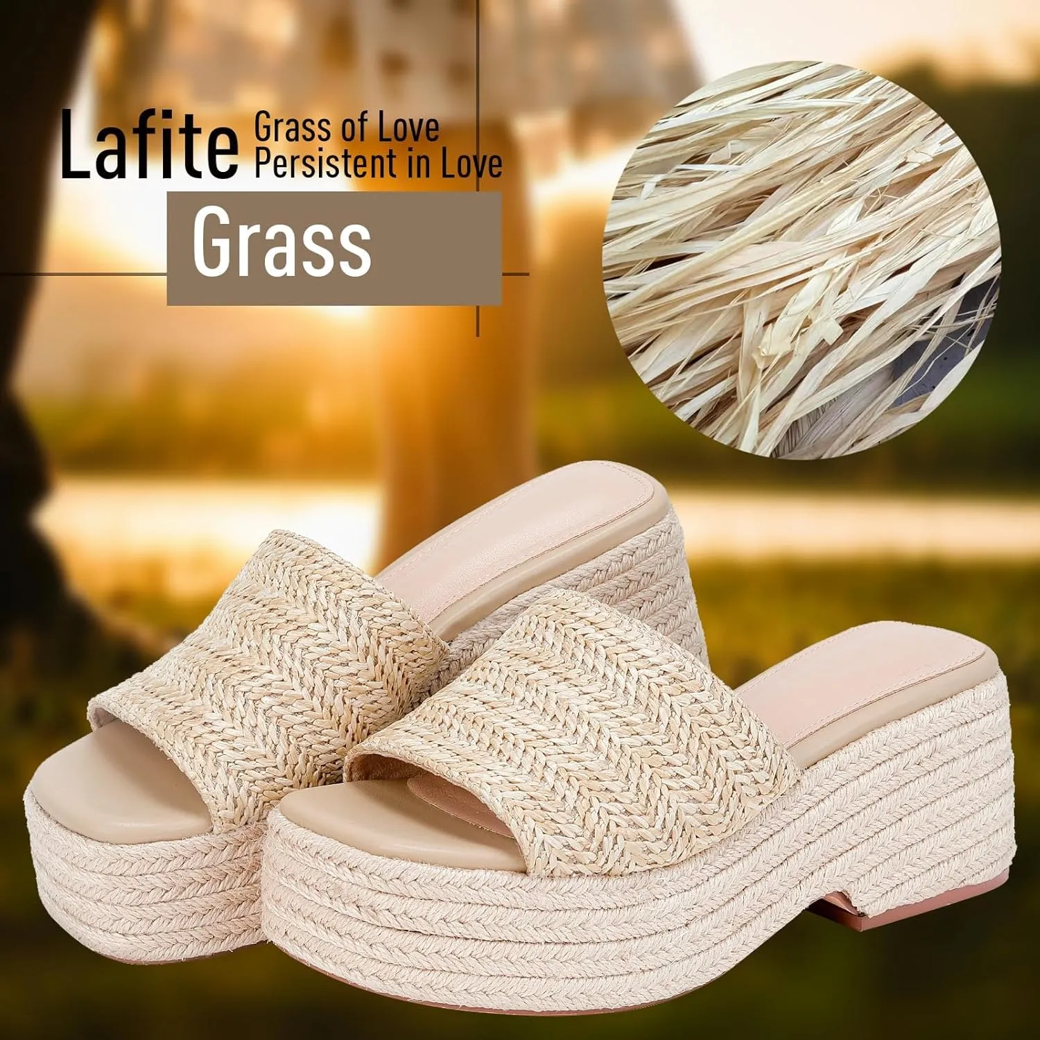 Monrovia Platform Sandals for Women, Wedge Espadrille Slides with Raffia Straw, Comfortable Brown Summer Sandals for Beach, Walking, Camping, Vacation