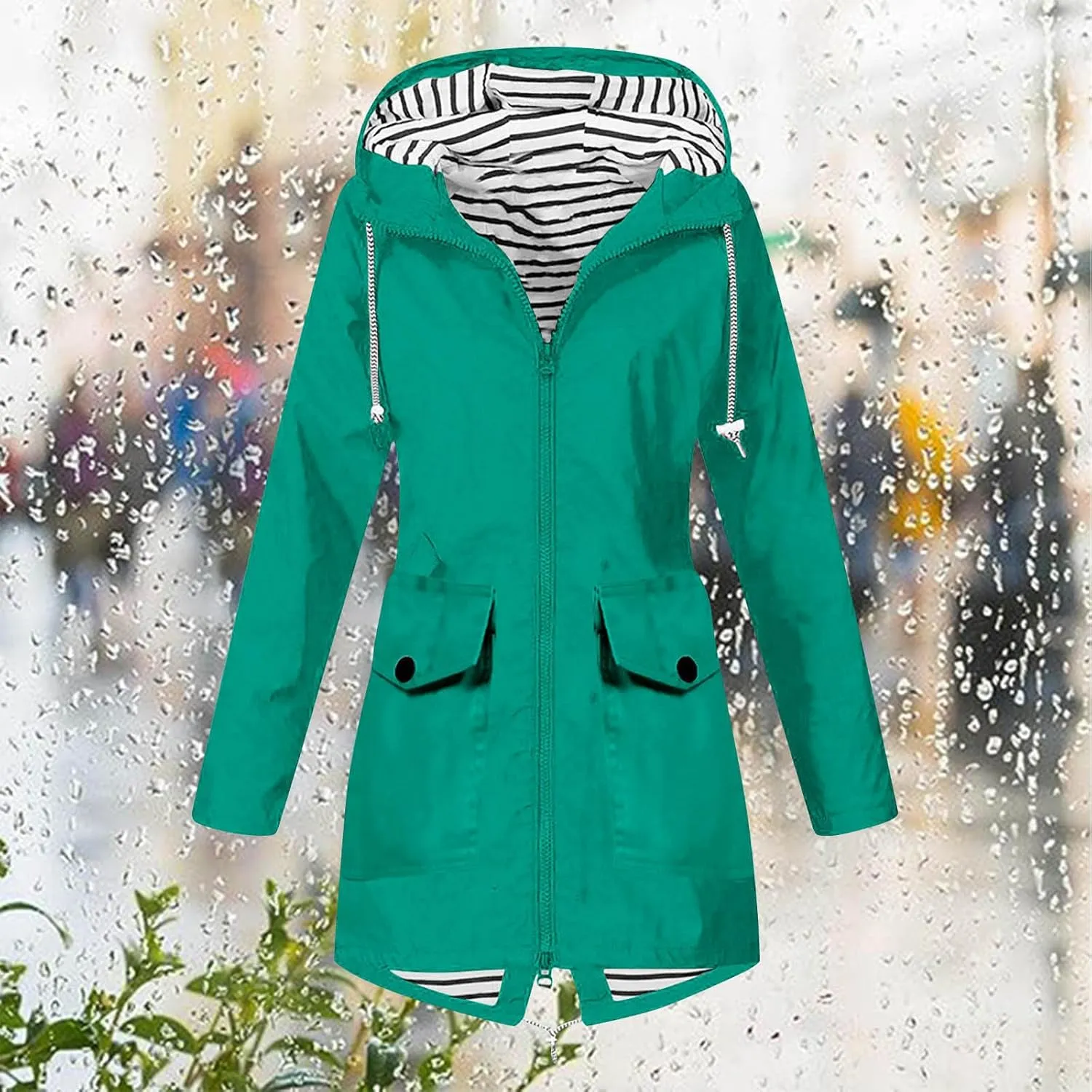 NaRHbrg Women's Waterproof Raincoat Zipper Mid Length Raincoat Rainwear Outdoor Rain Jacket Hooded Active Windbreaker