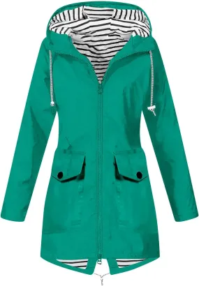 NaRHbrg Women's Waterproof Raincoat Zipper Mid Length Raincoat Rainwear Outdoor Rain Jacket Hooded Active Windbreaker