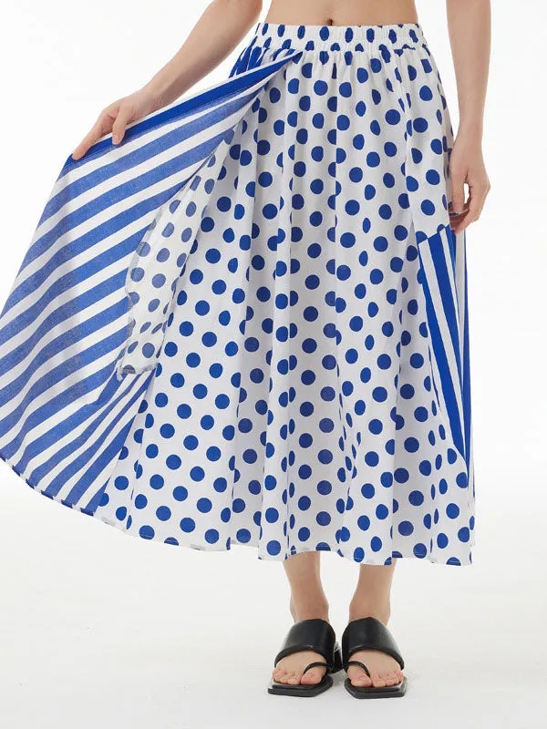 Polka-Dot Split-Joint Striped High Waisted Loose Skirts Bottoms
