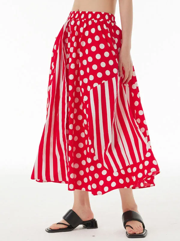 Polka-Dot Split-Joint Striped High Waisted Loose Skirts Bottoms