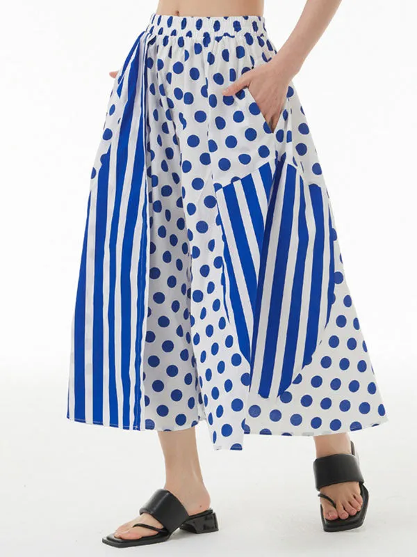 Polka-Dot Split-Joint Striped High Waisted Loose Skirts Bottoms