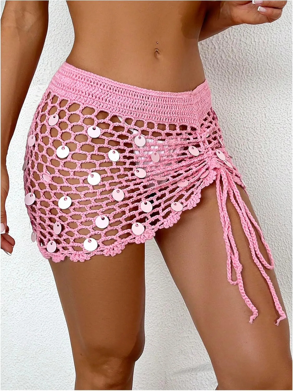 SHENHE Women's Crochet Bikini Cover Up Sequin Hollow Out Beach Mini Skirt Swimsuit Cover Ups