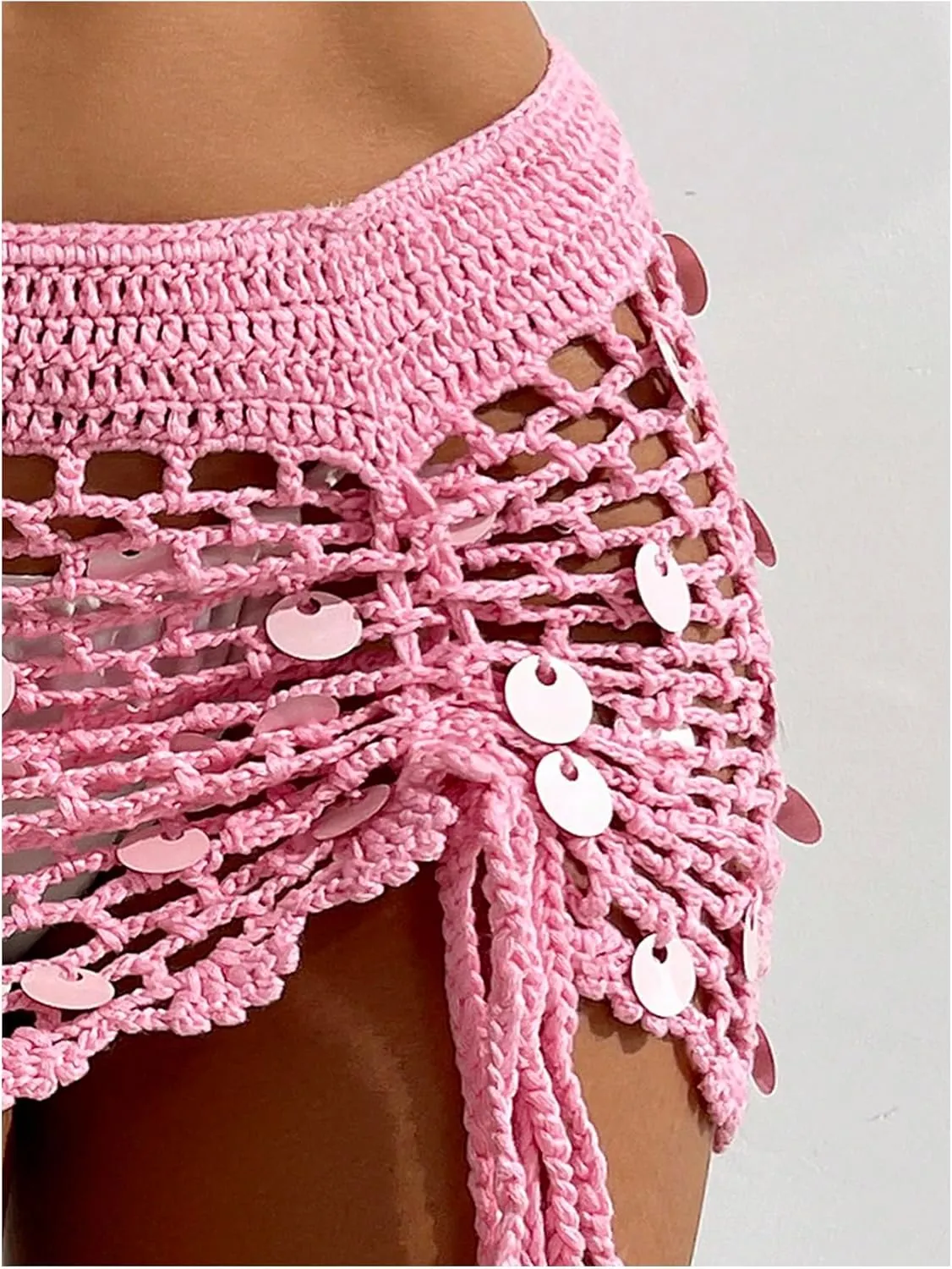 SHENHE Women's Crochet Bikini Cover Up Sequin Hollow Out Beach Mini Skirt Swimsuit Cover Ups