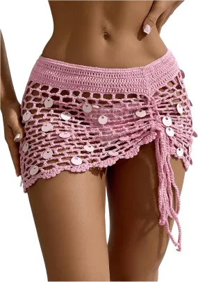 SHENHE Women's Crochet Bikini Cover Up Sequin Hollow Out Beach Mini Skirt Swimsuit Cover Ups