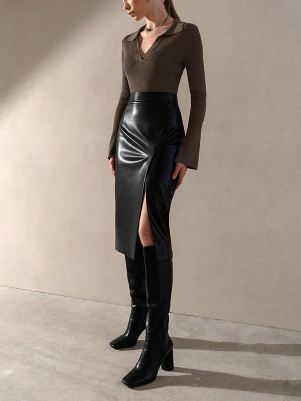 Solid Color Split-Front Zipper High Waisted Skirts Bottoms