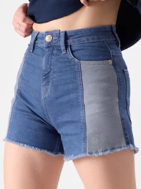 The Souled Store Women Blue Colourblock Denim Shorts