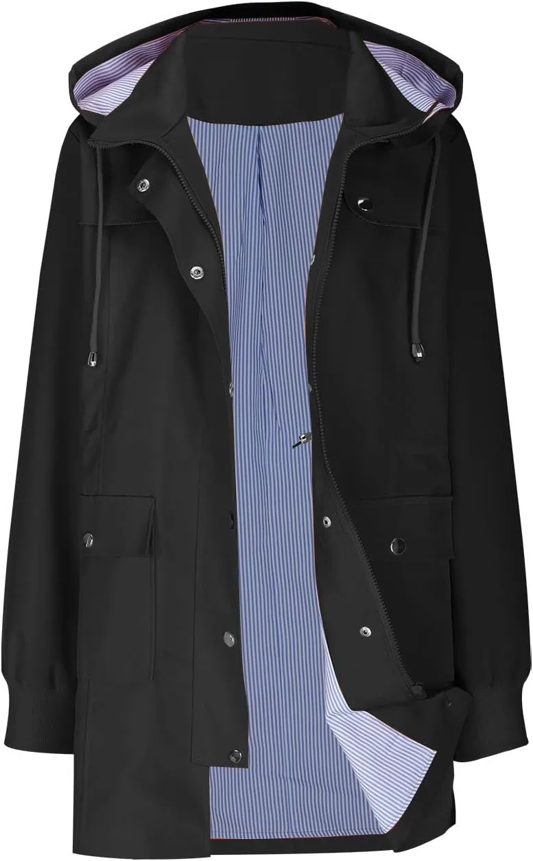 Windbreaker Jacket Women Mid Length Hooded Waterproof Cinch Waist Windproof Raincoat Cuffed Sleeve Rain Jackets