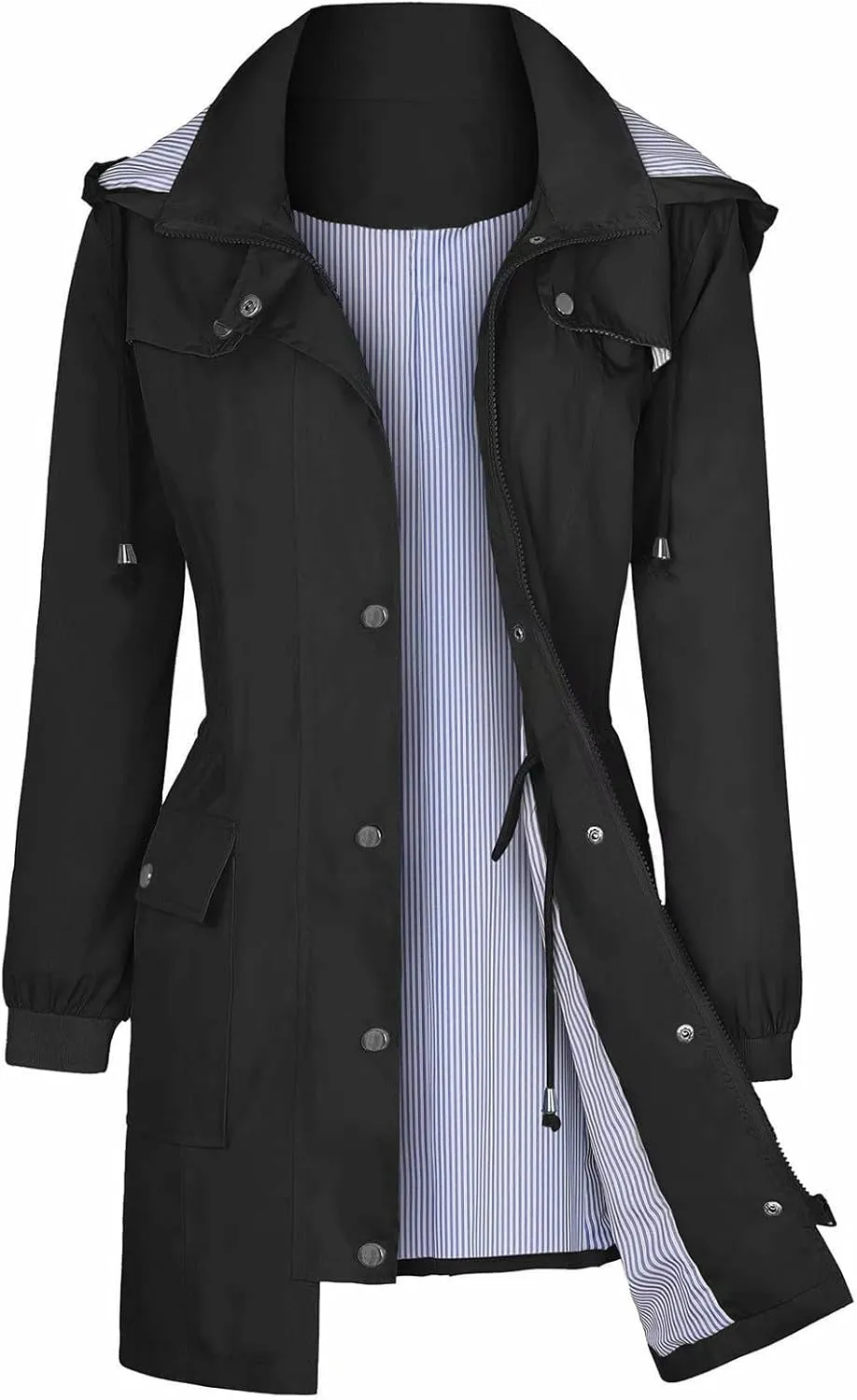 Windbreaker Jacket Women Mid Length Hooded Waterproof Cinch Waist Windproof Raincoat Cuffed Sleeve Rain Jackets