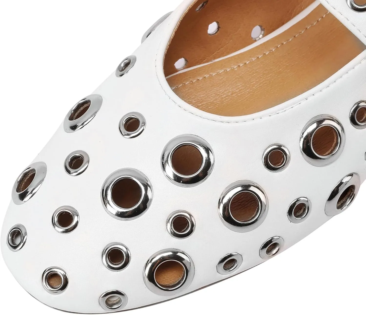 Women's Black Perforated Flat Shoes with Chunky Metallic Ring Embellishments Fashion Casual Loafers Comfortable Walking Slip-On
