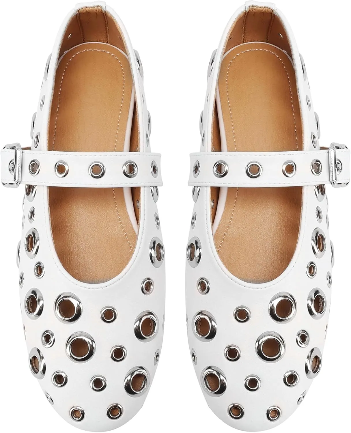 Women's Black Perforated Flat Shoes with Chunky Metallic Ring Embellishments Fashion Casual Loafers Comfortable Walking Slip-On