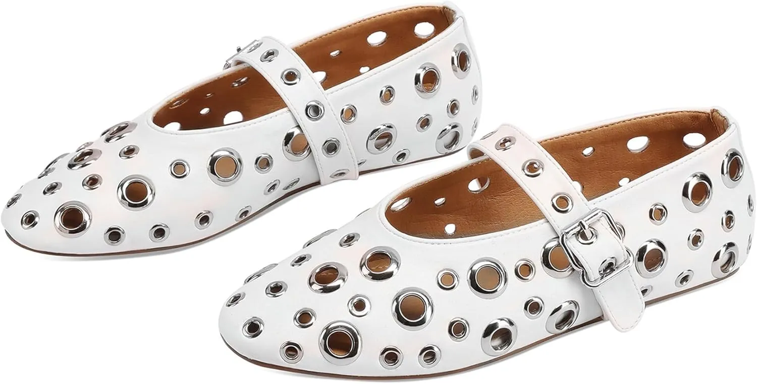 Women's Black Perforated Flat Shoes with Chunky Metallic Ring Embellishments Fashion Casual Loafers Comfortable Walking Slip-On