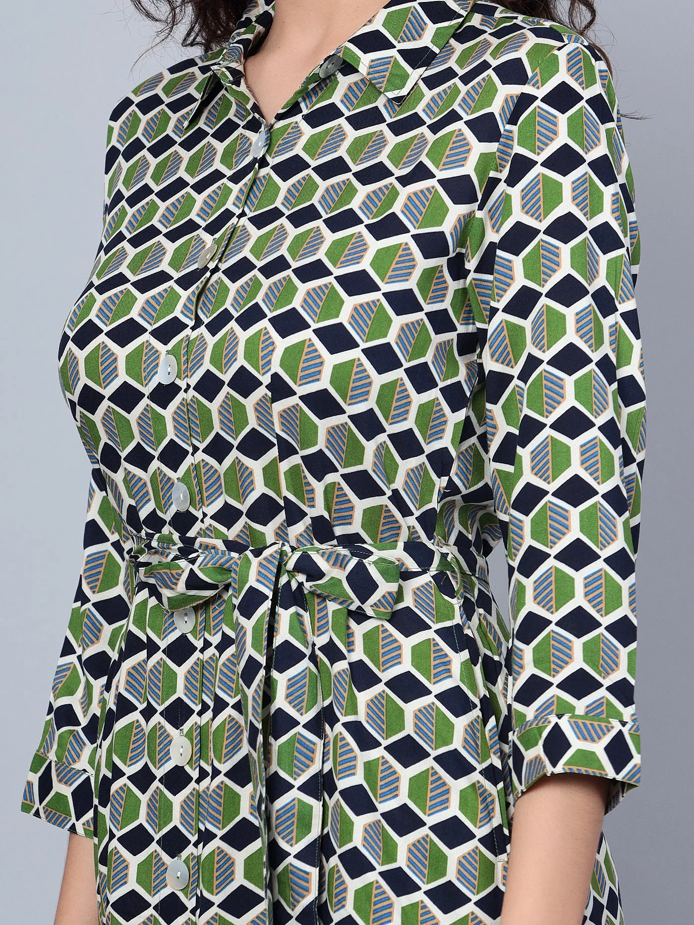 Women's Casual Shirt collar Green Geometric Print Shirt Dress