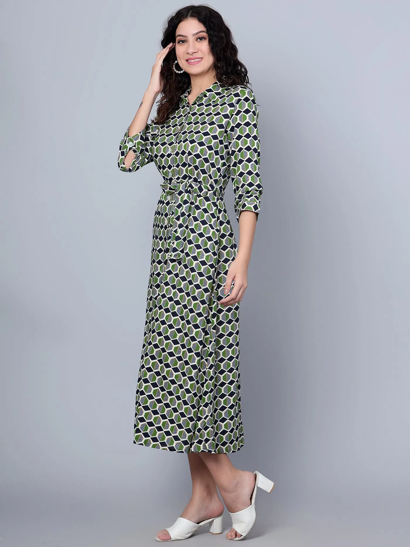 Women's Casual Shirt collar Green Geometric Print Shirt Dress