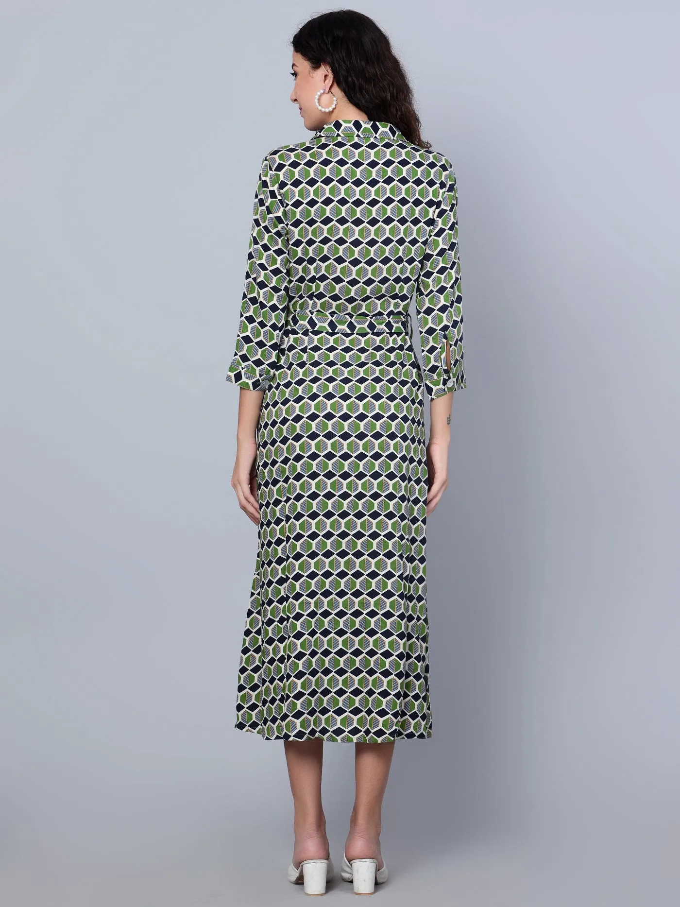 Women's Casual Shirt collar Green Geometric Print Shirt Dress