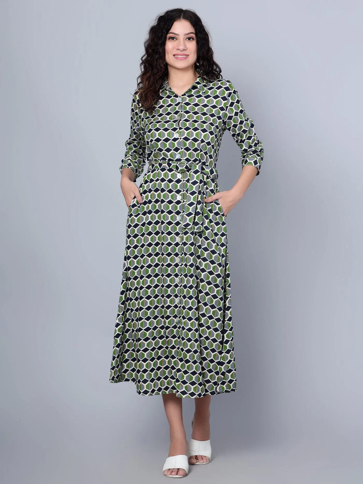 Women's Casual Shirt collar Green Geometric Print Shirt Dress