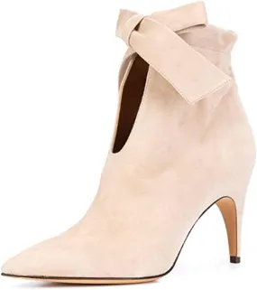 XYD Women Classical Pointed Toe Ankle Booties Dress Low Kitten Heels Graceful Bow Pull-on Boots Party Festival Shoes