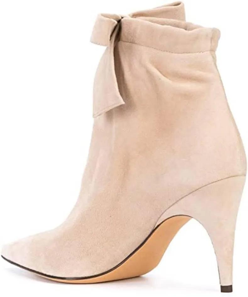XYD Women Classical Pointed Toe Ankle Booties Dress Low Kitten Heels Graceful Bow Pull-on Boots Party Festival Shoes